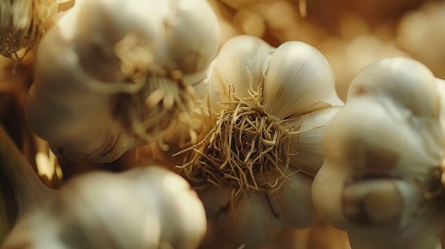 Close up group of organic white dried garlic food spice. AI generated image
