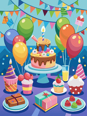 A table filled with various birthday treats, such as cakes, cupcakes, cookies, and more.