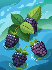 Refreshing, cool and sweet blackberry water in glass with ice and fresh berries on a vibrant blue background.