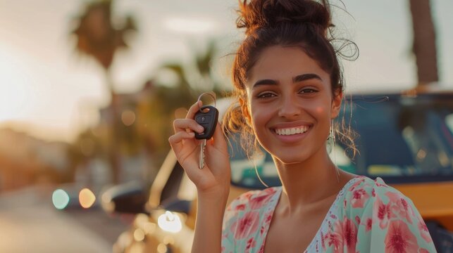 Portrait happy smiling young woman pose holding key of car. AI generated image