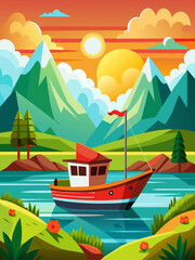 A breathtaking vector landscape painting, capturing a tranquil lake with sailboats gliding across its serene waters under the watchful gaze of mountains and trees.