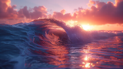 Close up of pink foamy wave on the background of sunset 