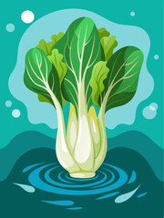 Water droplets glisten on the emerald leaves of bok choy, captured against a serene blue background. - obrazy, fototapety, plakaty