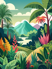 Fototapeta na wymiar Botanical vector landscape background features lush greenery, vibrant flowers, and a flowing river, creating a serene and tranquil scene.