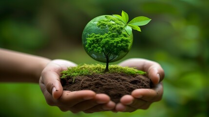Earth Day Concept with Green Tree and Globe in Hands