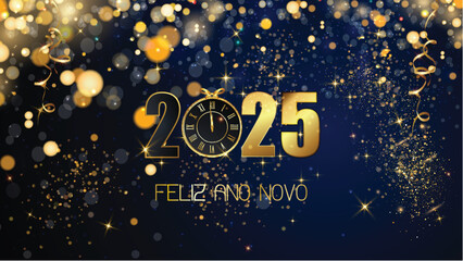 cartão ou banner para desejar um feliz ano novo 2025 em ouro o 0 é substituído por um relógio em fundo azul com círculos dourados e glitter em efeito bokeh - obrazy, fototapety, plakaty