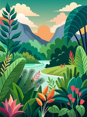 Botanical vector landscape background with lush greenery, blooming flowers, and a serene river flowing through it.