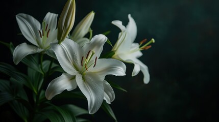 White lily flowers AI generated on a dark green background. AI generated image - obrazy, fototapety, plakaty