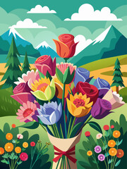 A picturesque landscape background featuring a vibrant bouquet of flowers in the foreground.