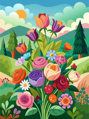 Bouquets vector landscape background depicts colorful flowers in full bloom within a picturesque natural setting.