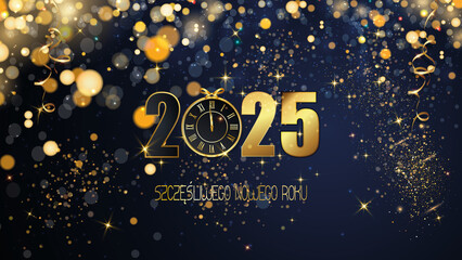 karta lub baner z życzeniami szczęśliwego nowego roku 2025 w złocie 0 zostaje zastąpione zegarem na niebieskim tle ze złotymi kółkami i brokatem w efekcie bokeh