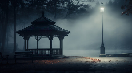 Mysterious dark veranda in a foggy haunted park, on a misty, eerie Halloween night. Old, empty pavilion under the dim light of a streetlight on an empty alley. - obrazy, fototapety, plakaty