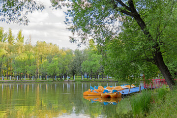 Multi-colored catamarans are parked to a wooden pier on a lake in a city park in summer