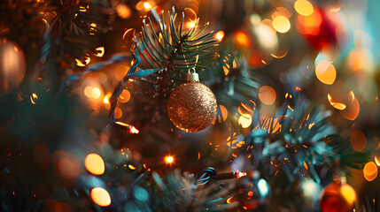 La joie de Noël : un spectacle lumineux avec un arbre magnifiquement décoré, débordant de boules colorées et de lumières scintillantes et floues