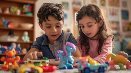 A boy and a girl swapping favorite toys, with the boy playing with a sparkle pony and the girl assembling a robot, both showing joy and fascination