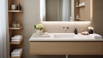 Fototapeta na wymiar Modern Bathroom Vanity with Reflective Mirror and Earthy Decor Elements