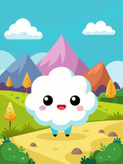 Obraz na płótnie Canvas Fluffy white clouds adorn a charming pastel sky in this adorable vector landscape.