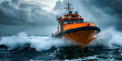 Orange rescue boat navigating choppy stormy seas during emergency operation. Concept Rescue at Sea, Stormy Weather, Emergency Response, Orange Boat, Choppy Waters
