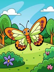 Vector illustration of a beautiful landscape with butterflies flying in the sky.