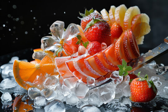 a fruit carving with ice and a knife