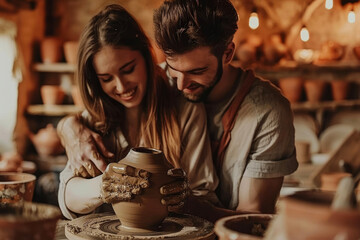 A couple at a pottery class, shaping a clay pot on a wheel. They're focused, their hands covered in clay, and the pot taking shape under their skilled touch