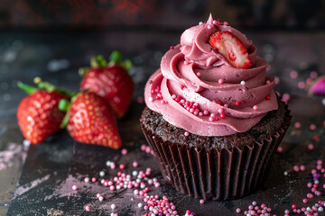 a chocolate cupcake with strawberry frosting and sprinkles