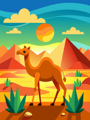 A camel stands amidst a vast desert landscape under a vibrant sunset sky.