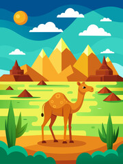 Camels stand tall against a vast desert landscape, their silhouettes etched against the golden hues of the sky.