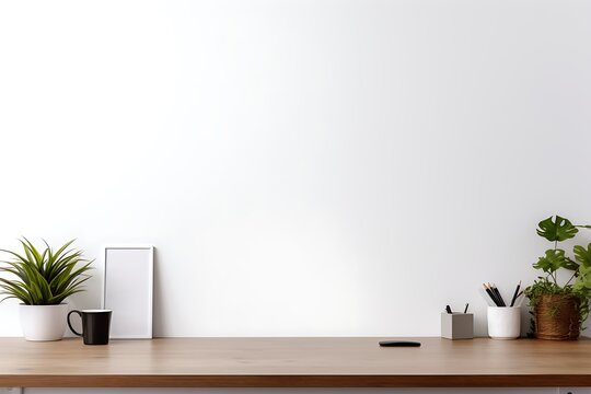 Modern workspace with blank white wall, computer and decoration. 3D Rendering