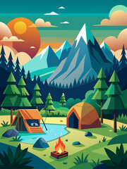 Fototapeta na wymiar A serene camping landscape with a lush forest, tranquil lake, and towering mountains under a starry night sky.