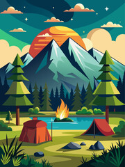 A serene camping landscape, where a tent sits amidst a lush meadow, surrounded by towering mountains and a tranquil lake.
