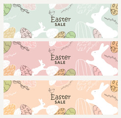 Easter Set of Sale banners. Trendy Easter design with typography, hand painted strokes, eggs and bunny in pastel colors. Modern minimal style. Horizontal poster, greeting card, header for website