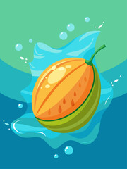 A juicy cantaloupe fruit floats in a refreshing pool of water against a vibrant blue background.