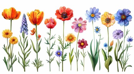  Various Blooming Flowers Including Tulips and Daisies - A Colorful Collection of Botanical Artistry 