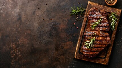Top view tasty grilled beefsteak with spices on rustic cutting board plate. AI generated image