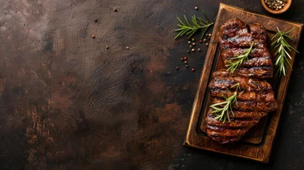 Poster Top view tasty grilled beefsteak with spices on rustic cutting board plate. AI generated image © yusufadi