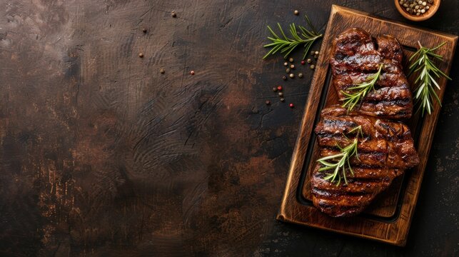 Top view tasty grilled beefsteak with spices on rustic cutting board plate. AI generated image