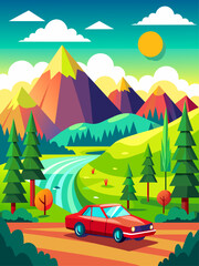 A red car drives down a winding mountain road, surrounded by lush green trees and a bright blue sky.