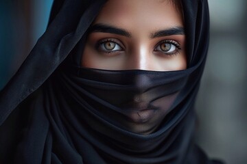 Naklejka premium Close up portrait of beautiful arabian woman in hijab looking at camera