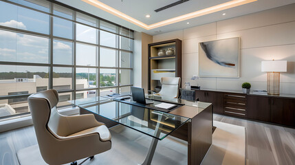 Modern executive office design with a sleek glass-top desk, executive chair, and accent chairs for client meetings