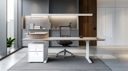 Modern executive office design with a standing-height workstation, ergonomic stool, and desktop organizer for enhanced productivity