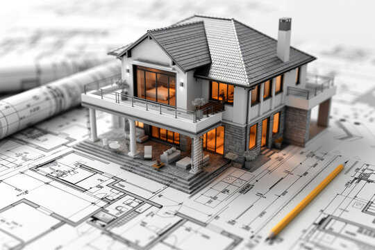 Construction blueprints or construction drawings and miniature models of completed construction for private residences. The owner and the contractor enter into a contract. architecture concept.