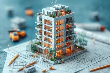 A construction blueprint or construction design drawing and a miniature model of the expected completed construction of a tower apartment. The owner and the contractor enter into a contract. architect - obrazy, fototapety, plakaty