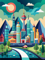 Cityscapes vector landscape background featuring modern buildings and a vibrant sky.