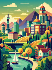 City vector landscape background featuring tall buildings, roads, and trees in a modern cityscape.