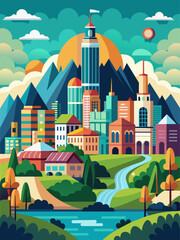 Cityscape vector illustration with tall buildings and a vibrant sky.