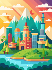 Fototapeta premium A modern city skyline with tall buildings, a river, and a bridge.