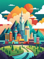 City vector landscape background featuring modern skyscrapers, bustling streets, and lush greenery.