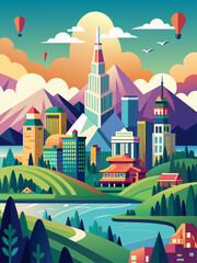 A modern city skyline with tall buildings, a river, and a bridge.