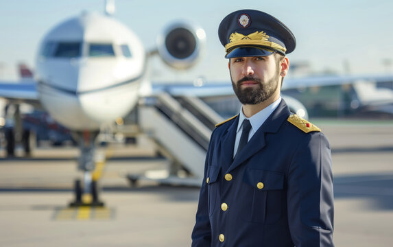 Pilot, aircraft commander on the runway next to the aircraft in the aerodrome